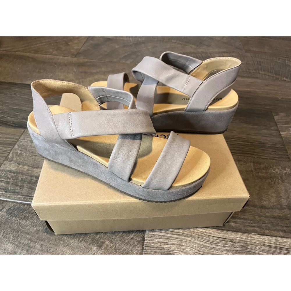 Lucky Brand Grey Leather Platform Wedge Sandals Crisscross Slingback Womens 8.5
